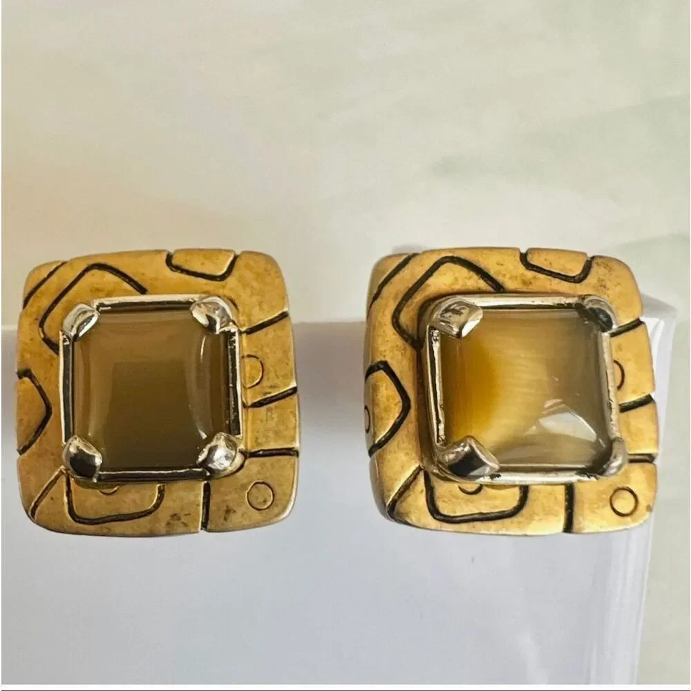 Gold Tone Square Earrings with Cat’s Eye Style Glass